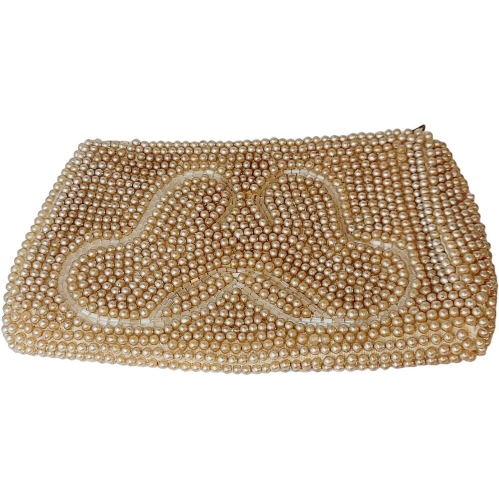 Vintage Beaded Pearl‎ Clutch Estate Antique Purse Handbag Japan Zipper